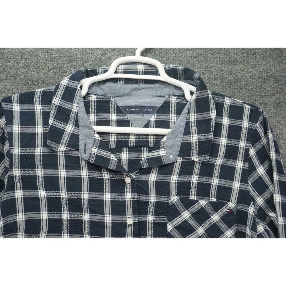 Tommy Hilfiger Womens XL Plaid Shirt Long Sleeve Button Down Navy